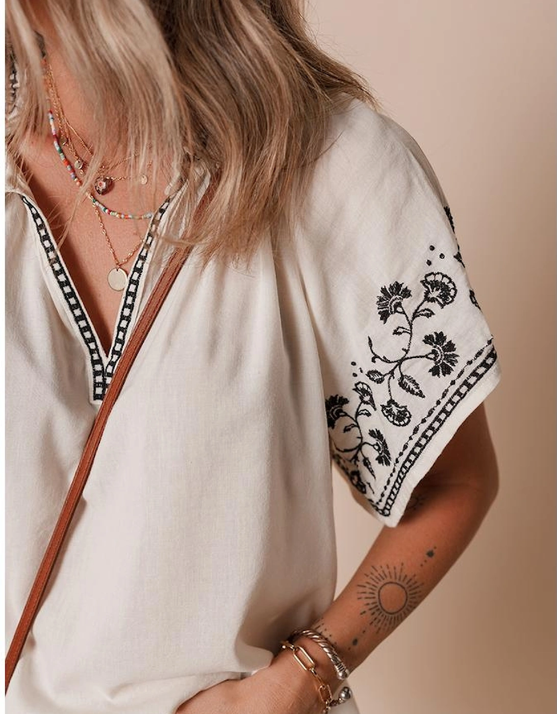 White Floral Embroidered Short Sleeve V Neck Blouse