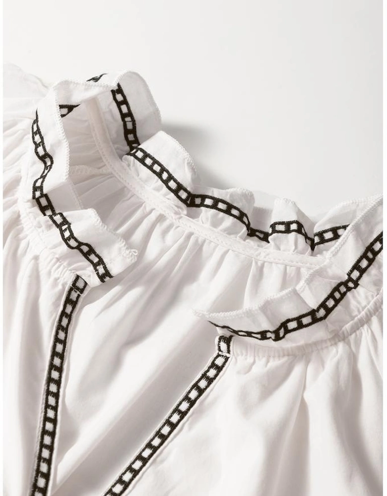 White Floral Embroidered Short Sleeve V Neck Blouse