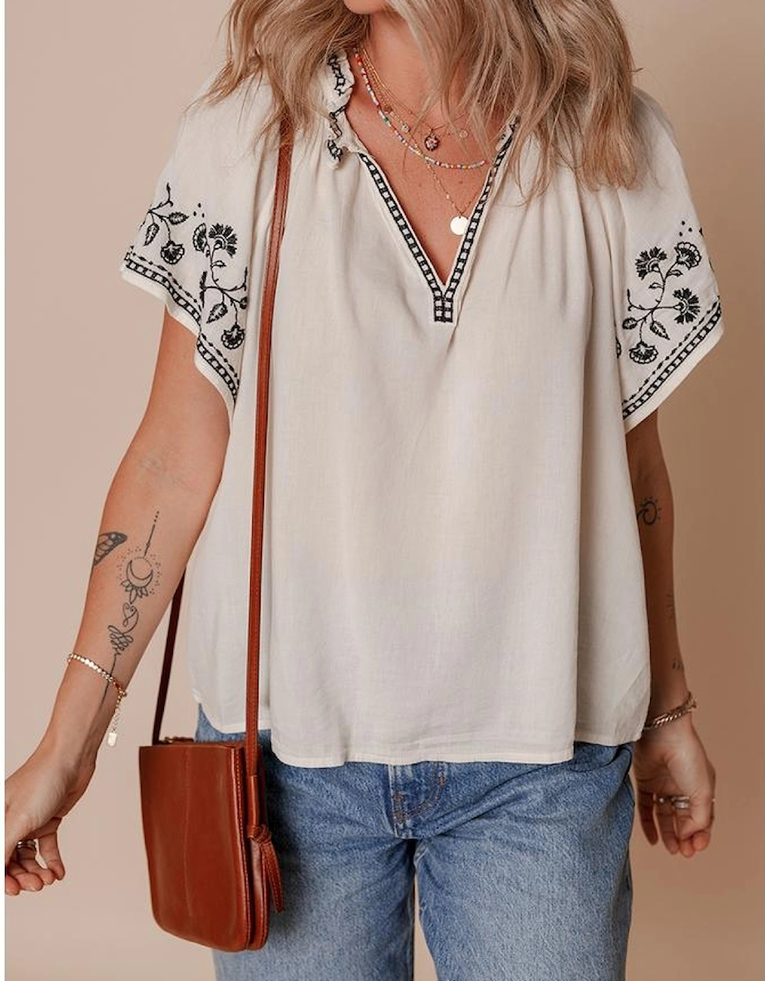 White Floral Embroidered Short Sleeve V Neck Blouse