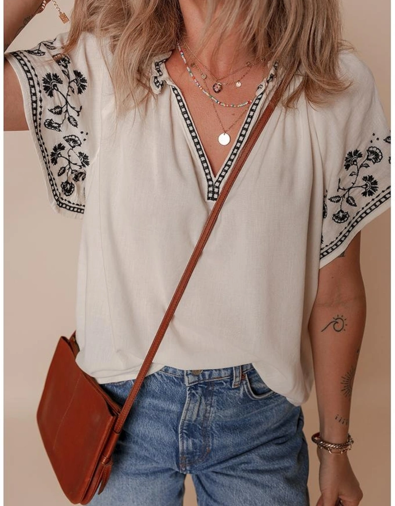 White Floral Embroidered Short Sleeve V Neck Blouse
