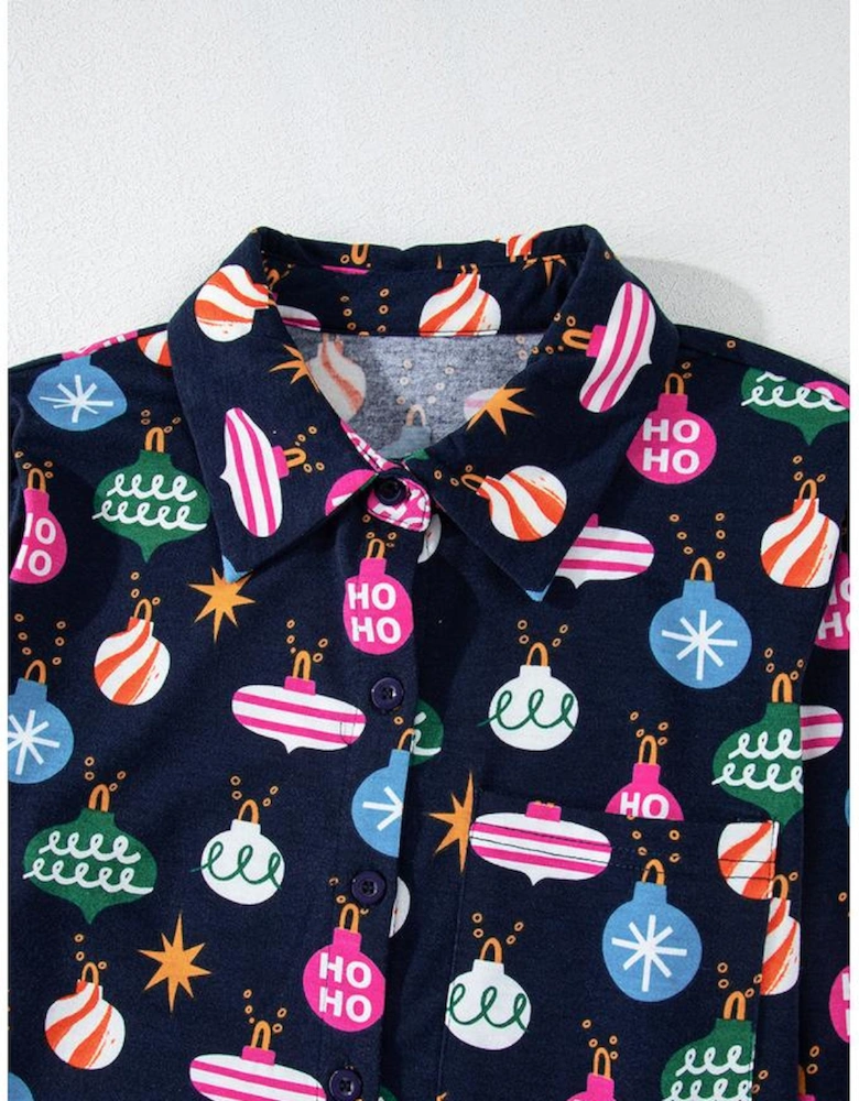 Navy Blue Colorful Christmas Lights Print Shirt and Pants Pajama Set