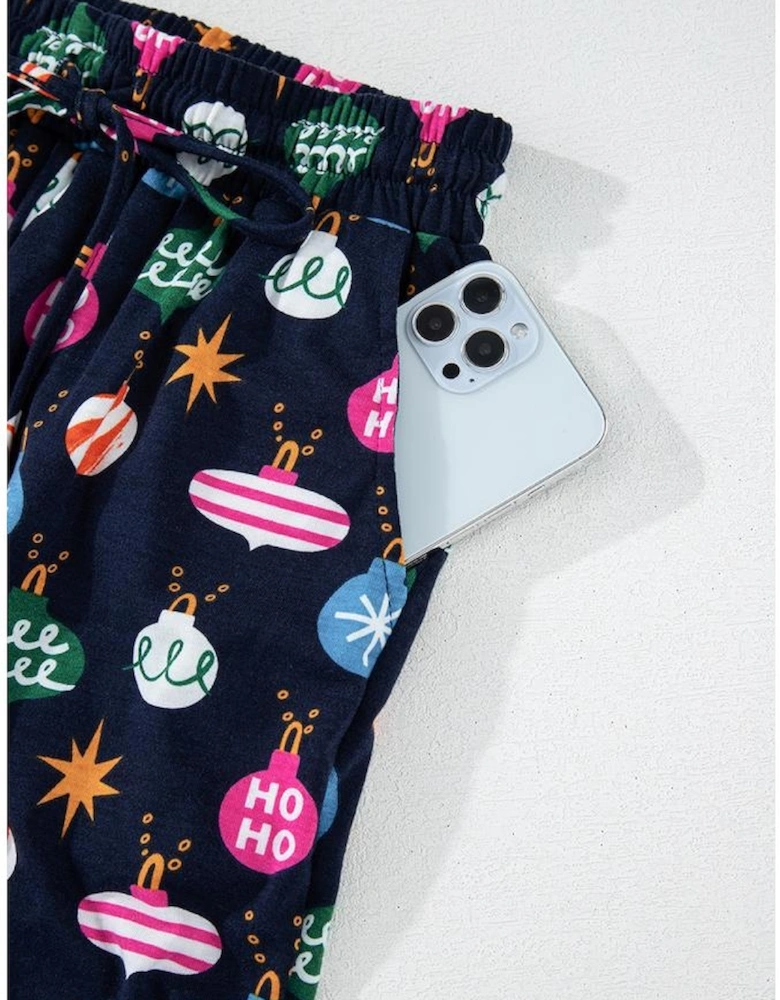 Navy Blue Colorful Christmas Lights Print Shirt and Pants Pajama Set