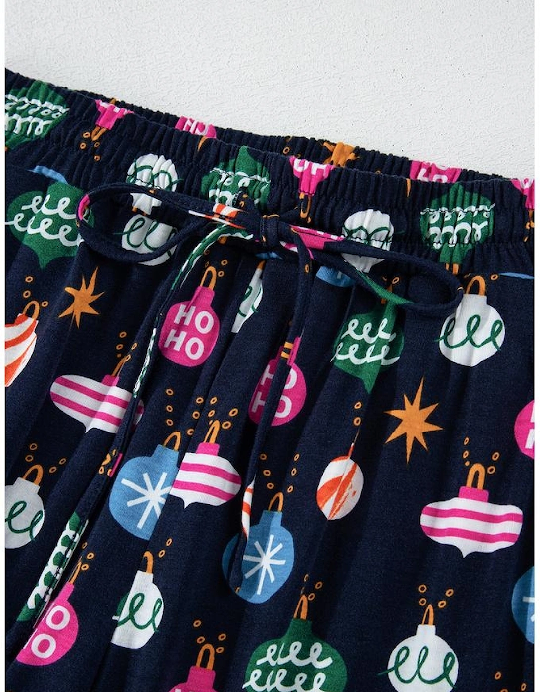 Navy Blue Colorful Christmas Lights Print Shirt and Pants Pajama Set