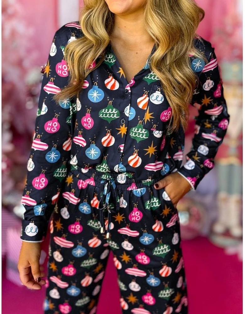 Navy Blue Colorful Christmas Lights Print Shirt and Pants Pajama Set