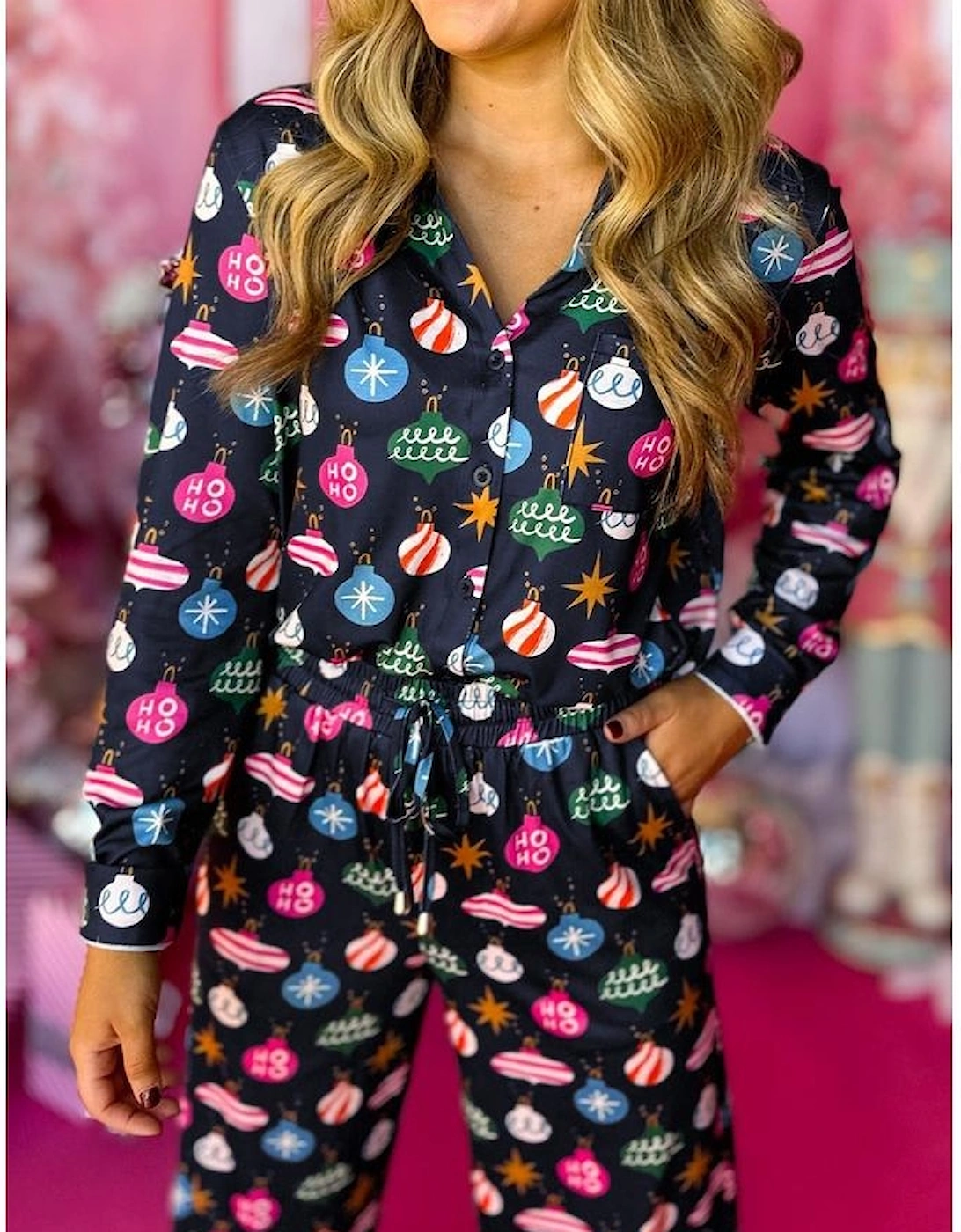 Navy Blue Colorful Christmas Lights Print Shirt and Pants Pajama Set