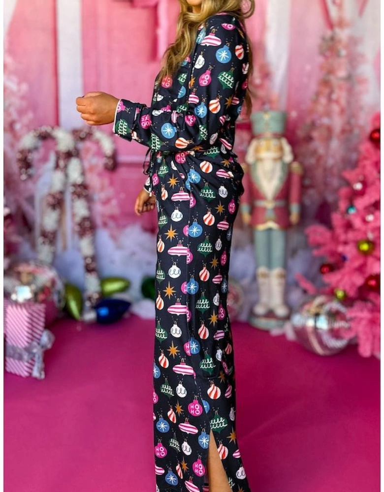 Navy Blue Colorful Christmas Lights Print Shirt and Pants Pajama Set