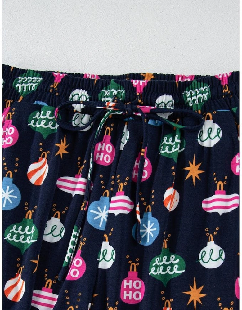 Navy Blue Colorful Christmas Lights Print Shirt and Pants Pajama Set