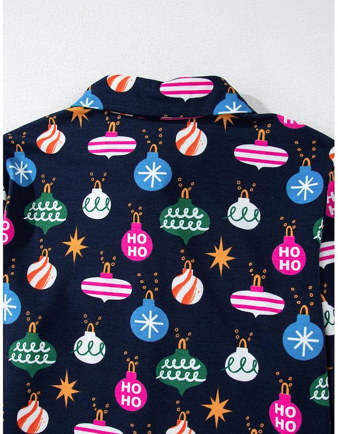 Navy Blue Colorful Christmas Lights Print Shirt and Pants Pajama Set