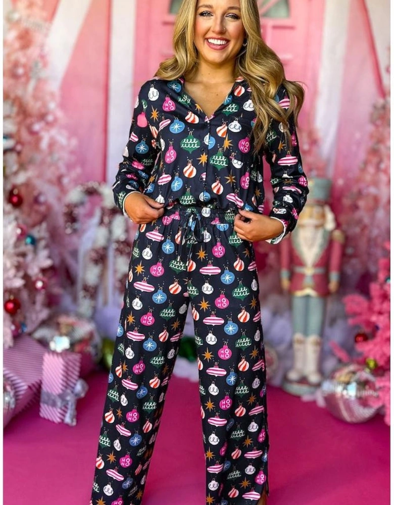 Navy Blue Colorful Christmas Lights Print Shirt and Pants Pajama Set