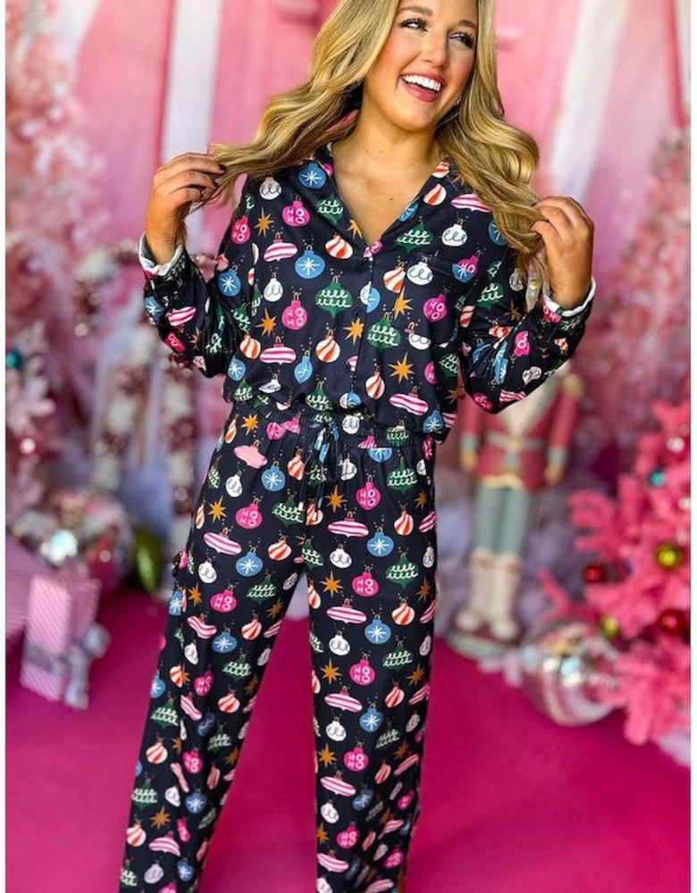 Navy Blue Colorful Christmas Lights Print Shirt and Pants Pajama Set