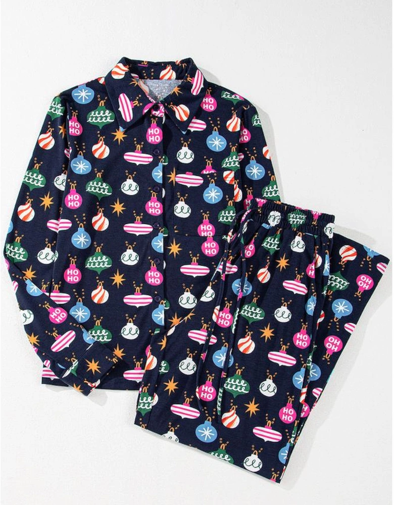 Navy Blue Colorful Christmas Lights Print Shirt and Pants Pajama Set