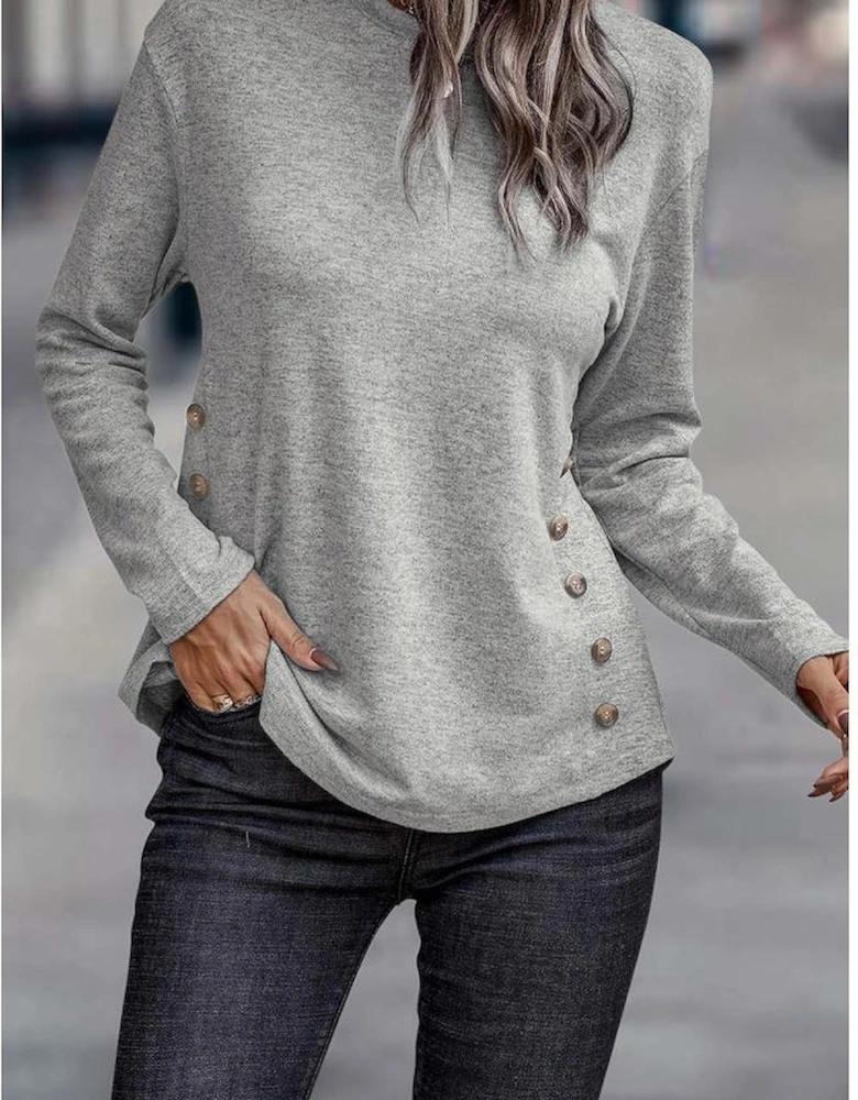 Gray Side Buttons Crew Neck Knit Top