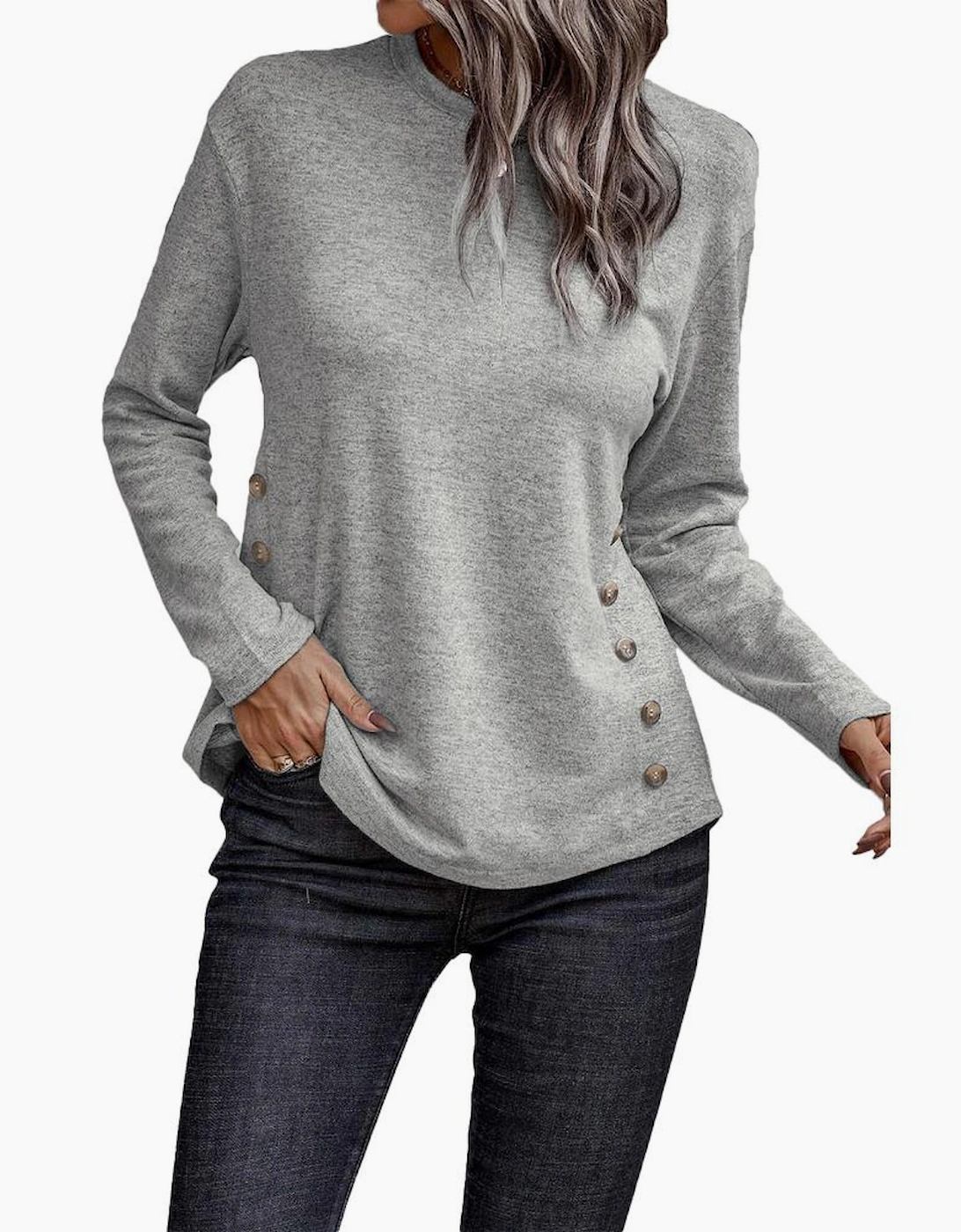 Gray Side Buttons Crew Neck Knit Top