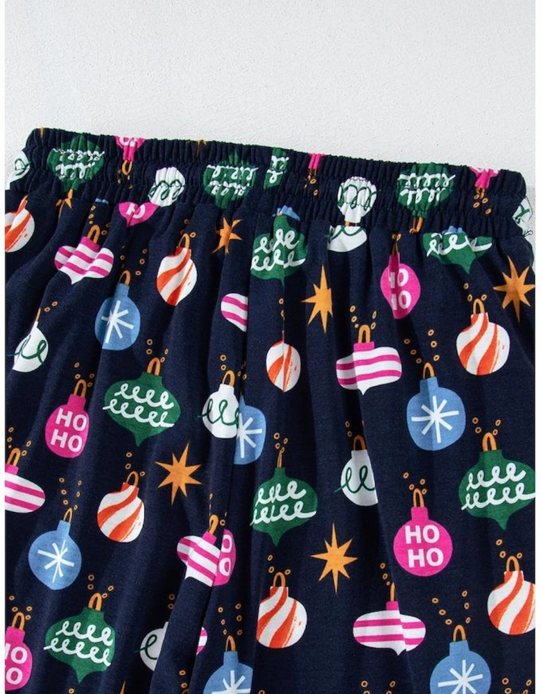 Navy Blue Colorful Christmas Lights Print Shirt and Pants Pajama Set