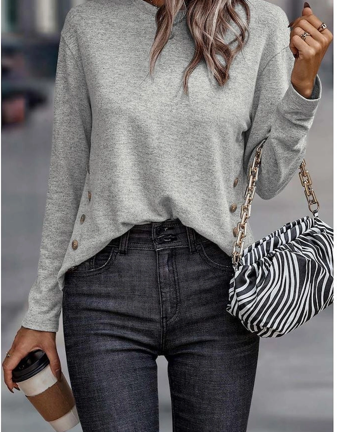 Gray Side Buttons Crew Neck Knit Top