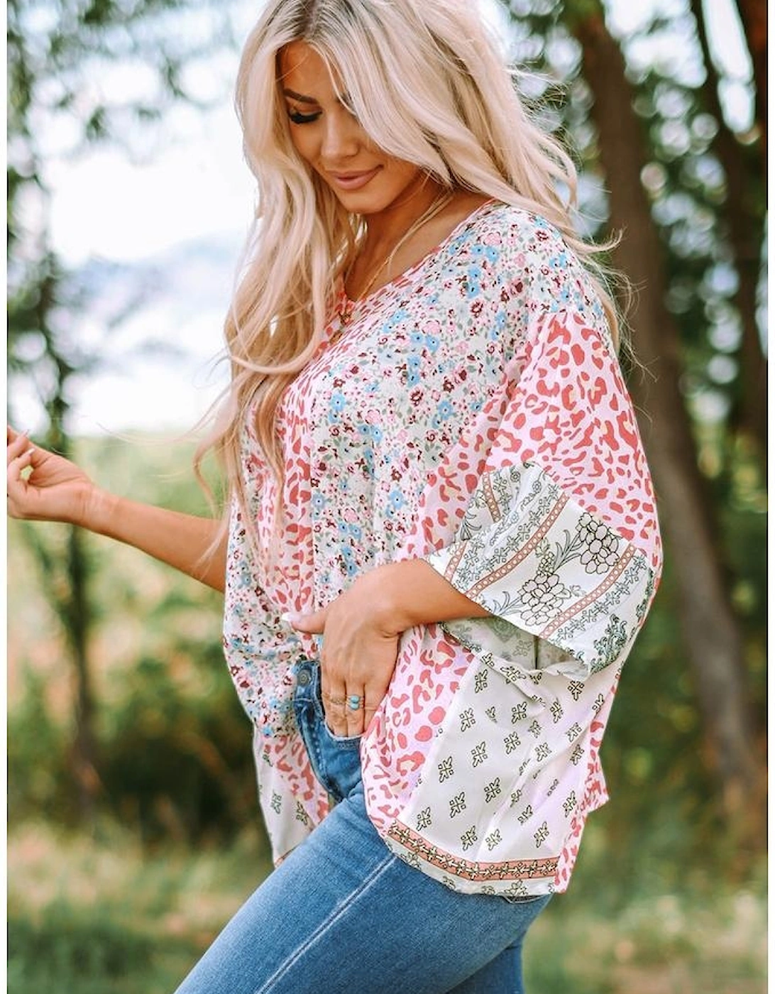 Multicolor Animal Floral Mix Print Cape Top