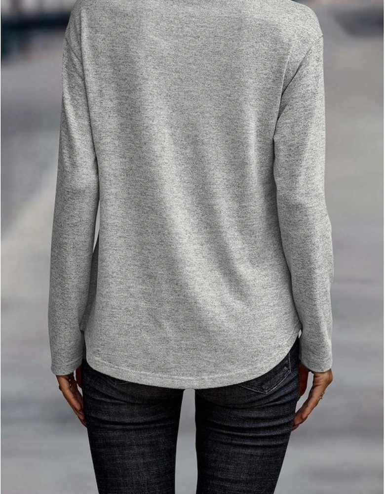 Gray Side Buttons Crew Neck Knit Top