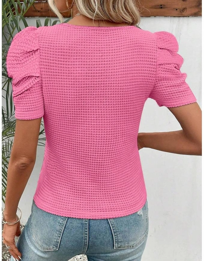 Bright Pink Waffle Knit Ruched Puff Sleeve Top