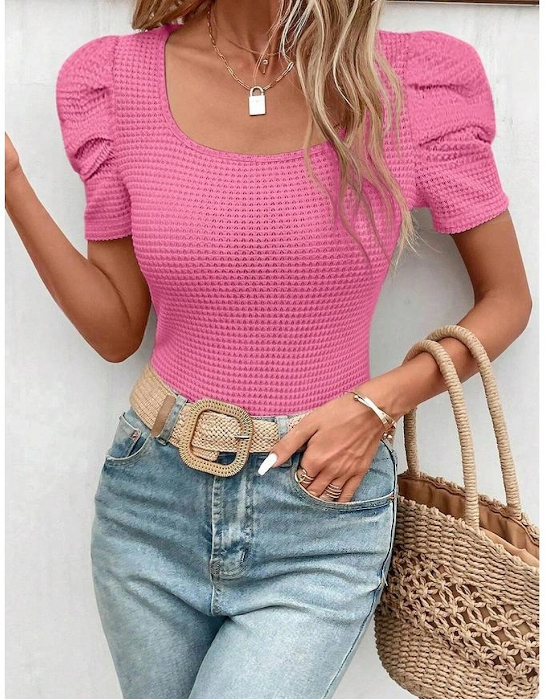 Bright Pink Waffle Knit Ruched Puff Sleeve Top