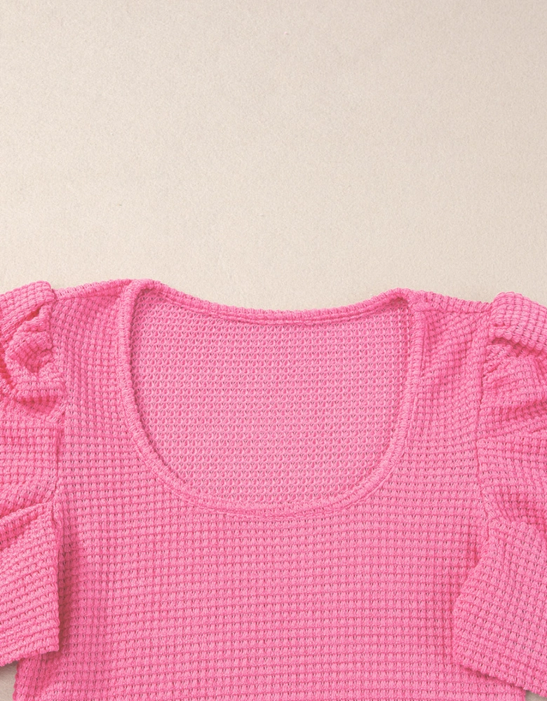 Bright Pink Waffle Knit Ruched Puff Sleeve Top