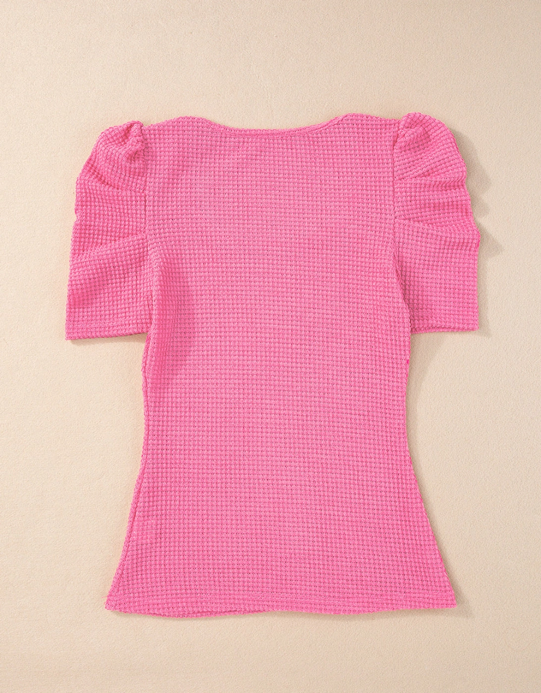 Bright Pink Waffle Knit Ruched Puff Sleeve Top