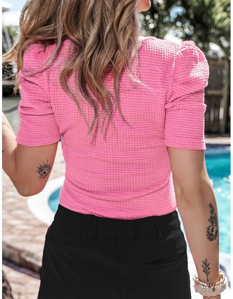 Bright Pink Waffle Knit Ruched Puff Sleeve Top