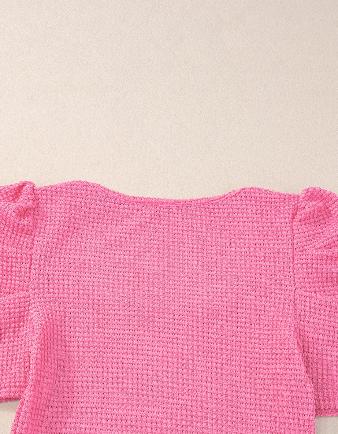 Bright Pink Waffle Knit Ruched Puff Sleeve Top