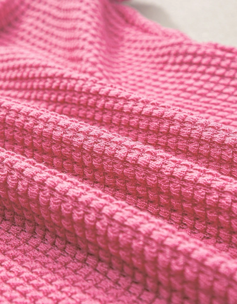 Bright Pink Waffle Knit Ruched Puff Sleeve Top