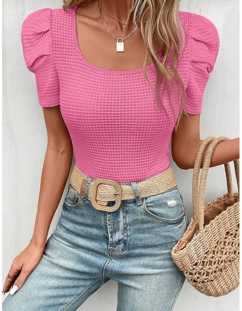 Bright Pink Waffle Knit Ruched Puff Sleeve Top