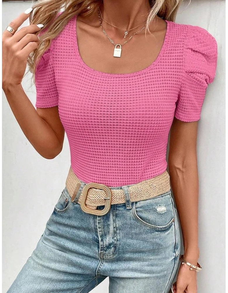 Bright Pink Waffle Knit Ruched Puff Sleeve Top