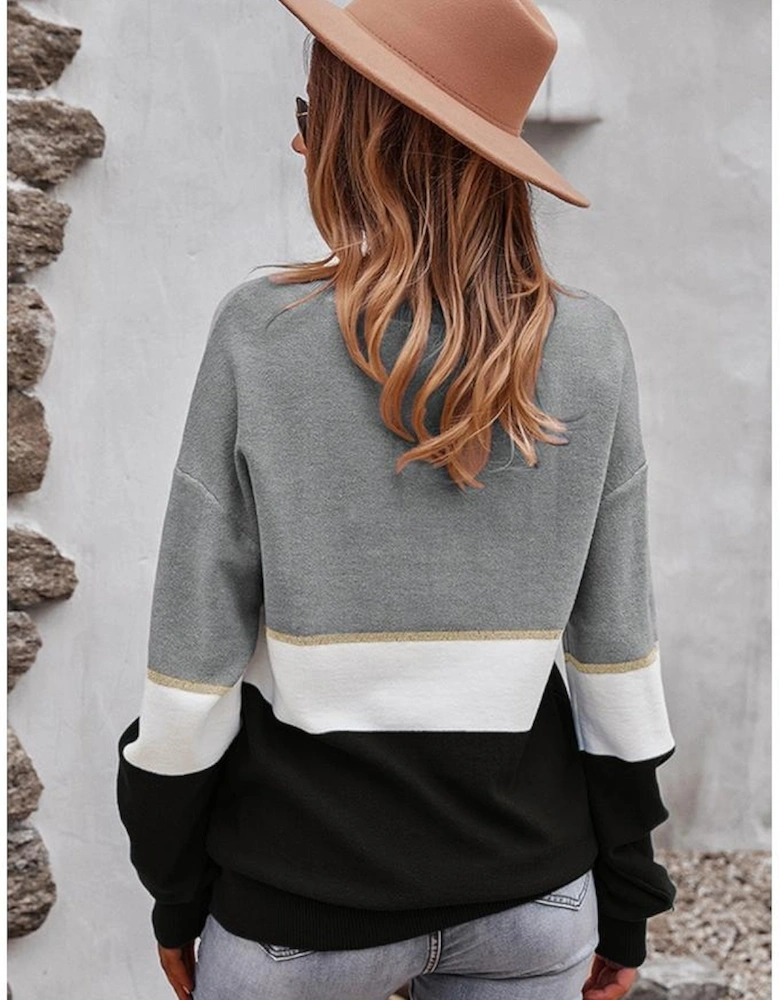 Gray Colorblock V Neck Sweater