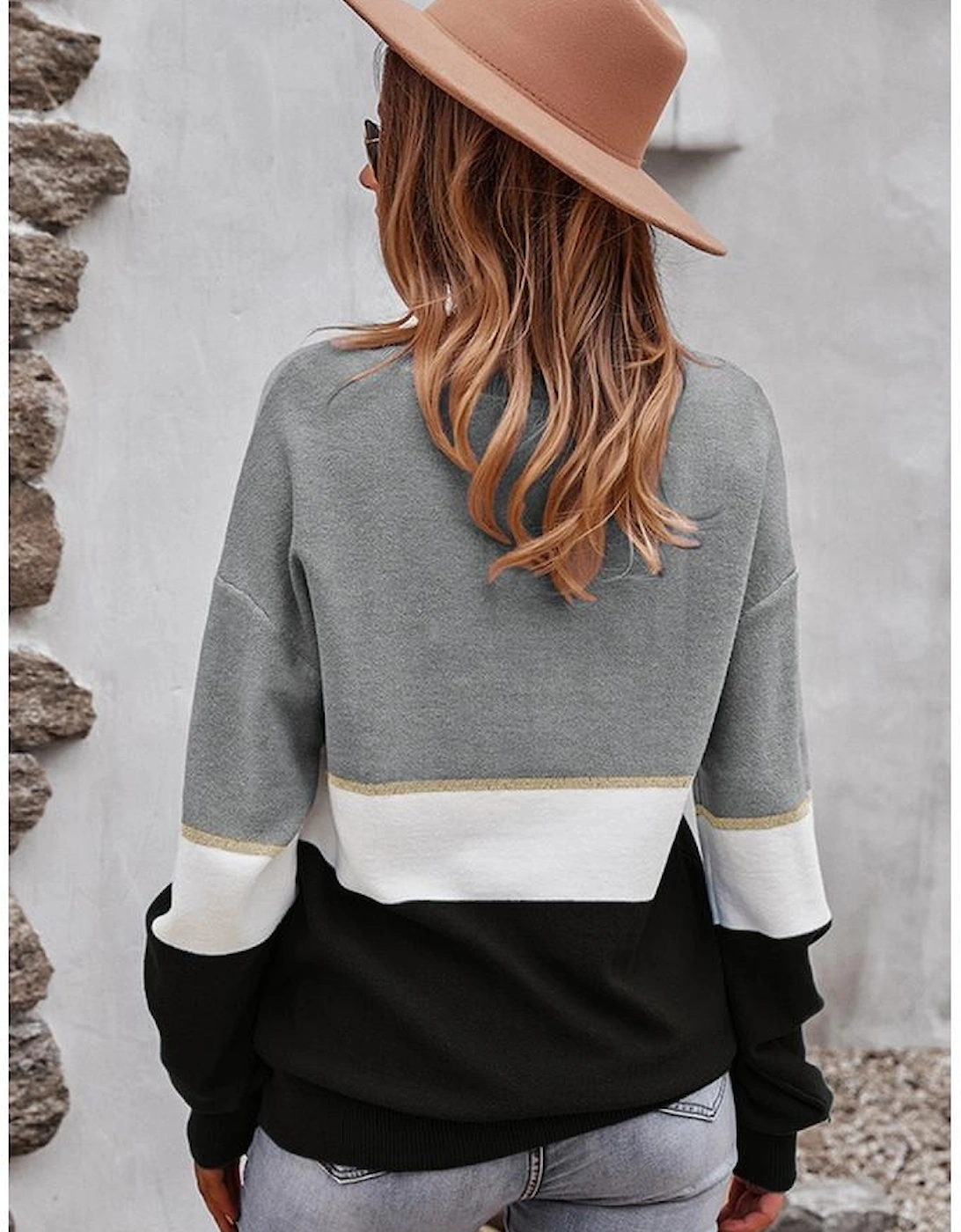 Gray Colorblock V Neck Sweater