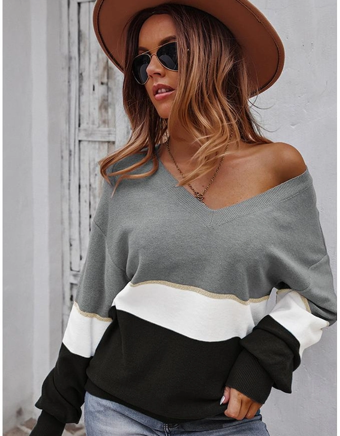 Gray Colorblock V Neck Sweater