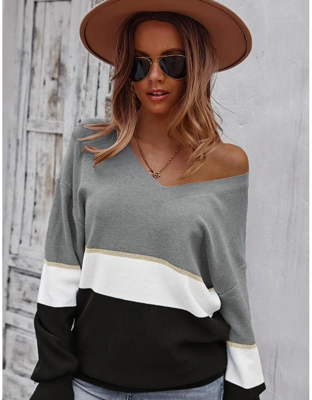 Gray Colorblock V Neck Sweater