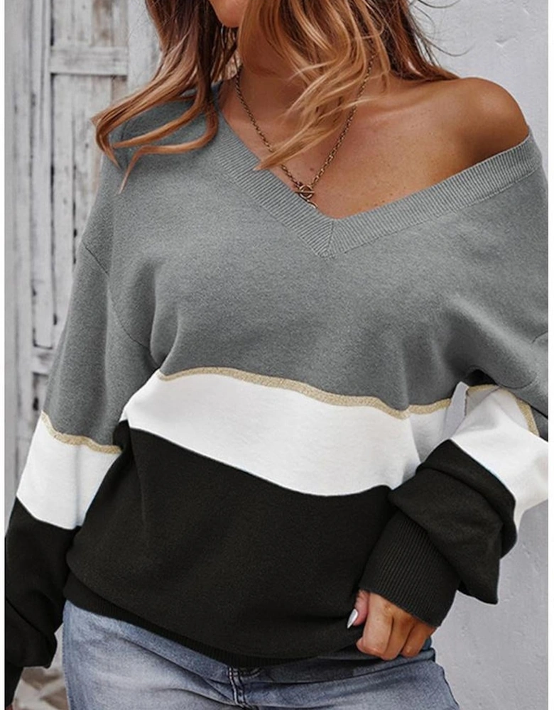 Gray Colorblock V Neck Sweater