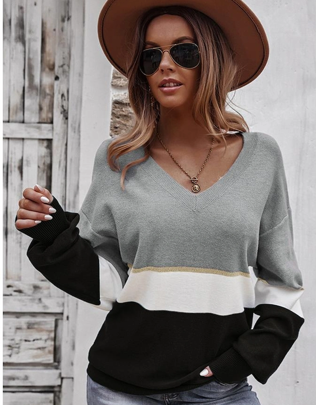 Gray Colorblock V Neck Sweater
