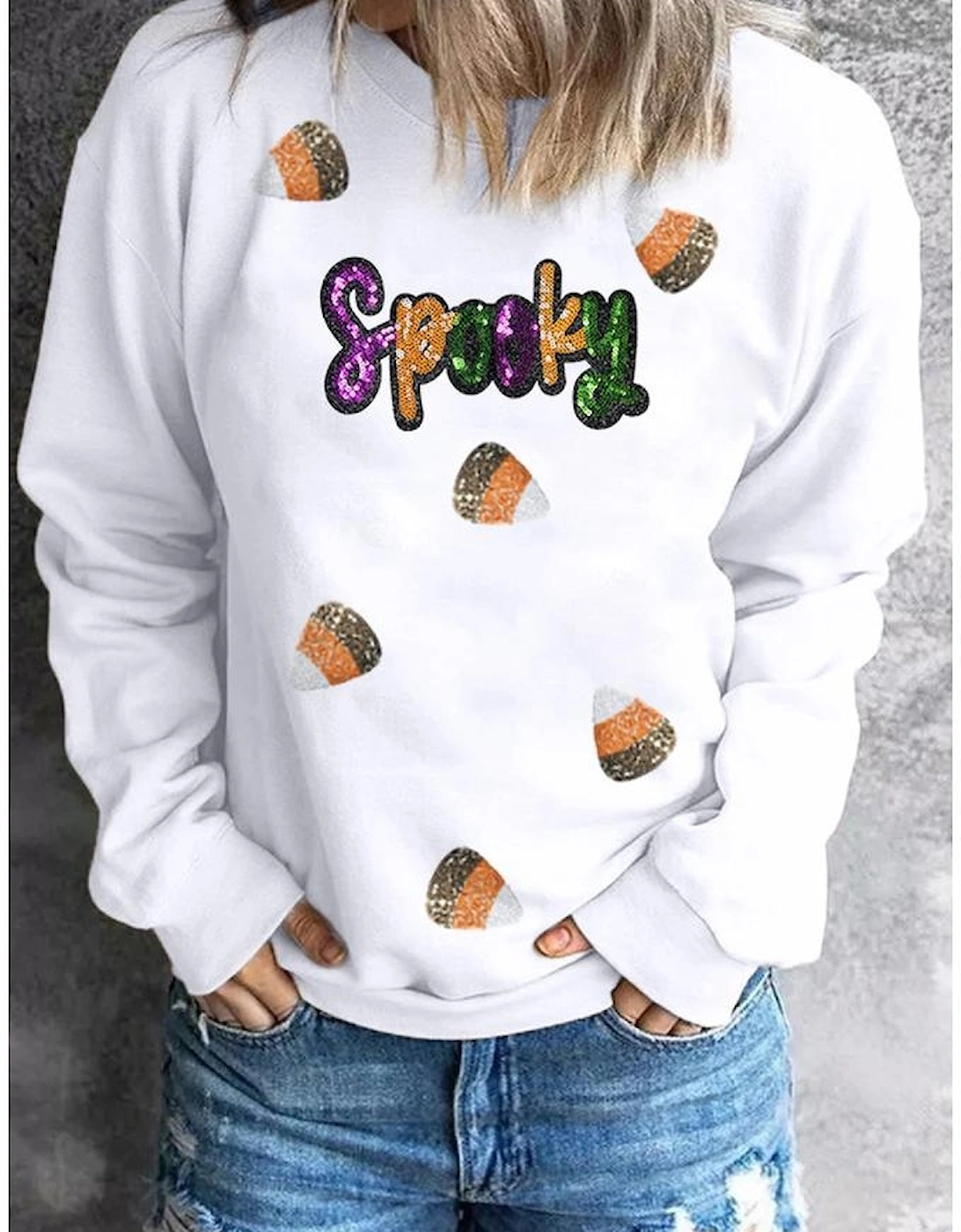 White Sequin Spooky Halloween Spirit Print Casual Sweatshirt