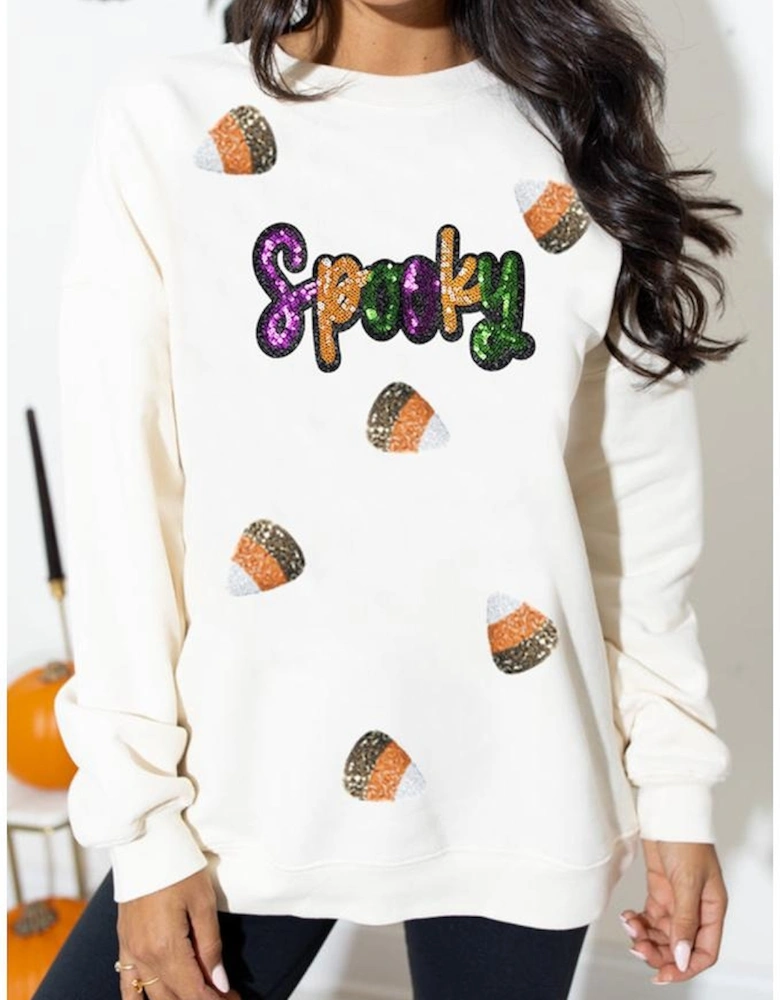 White Sequin Spooky Halloween Spirit Print Casual Sweatshirt
