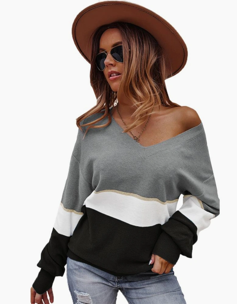 Gray Colorblock V Neck Sweater