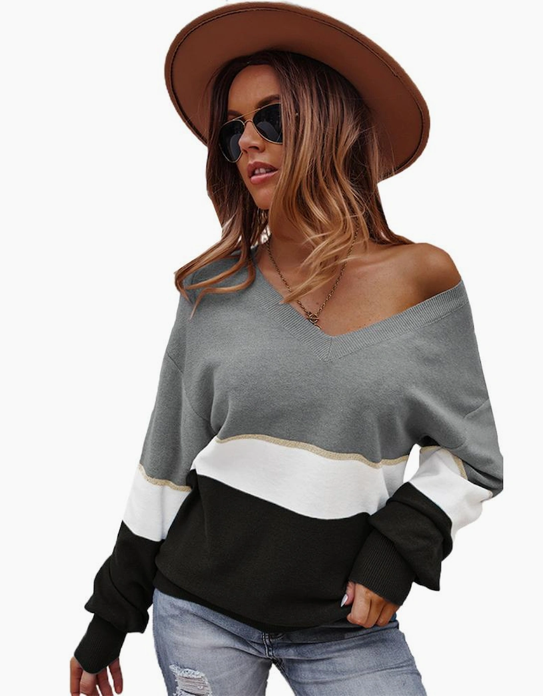 Gray Colorblock V Neck Sweater