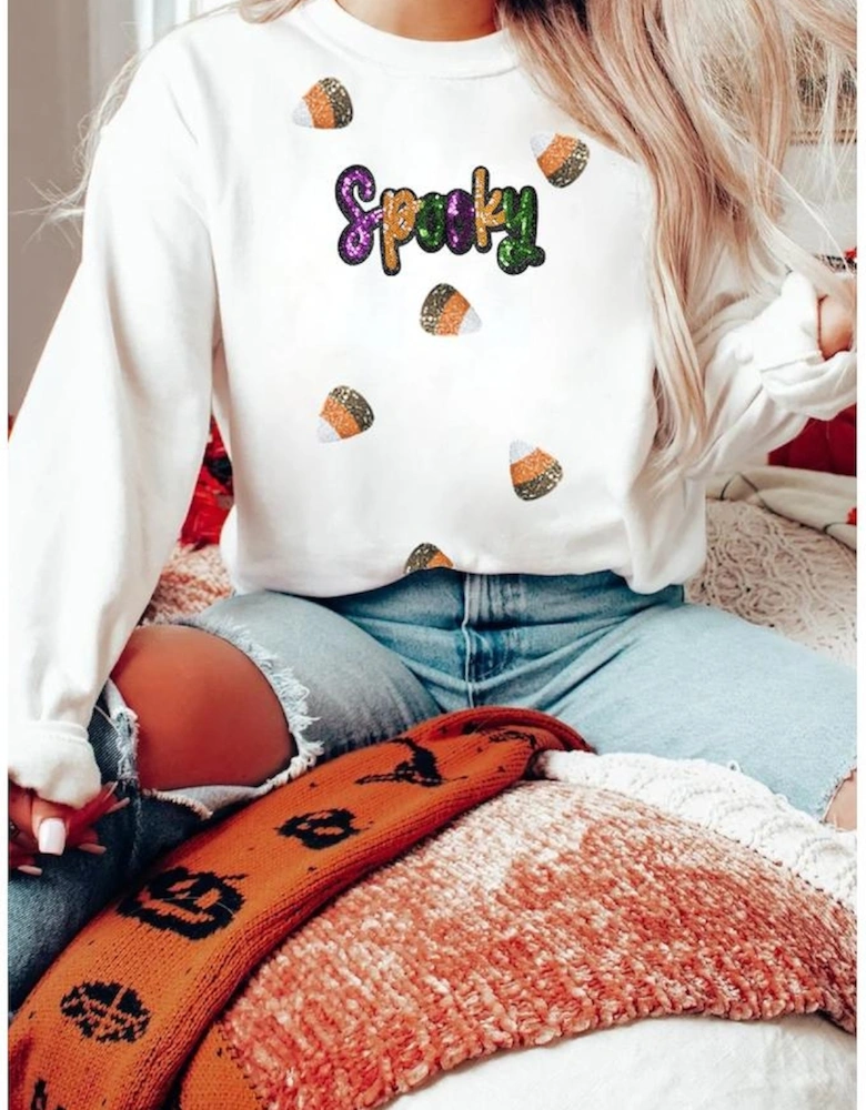 White Sequin Spooky Halloween Spirit Print Casual Sweatshirt