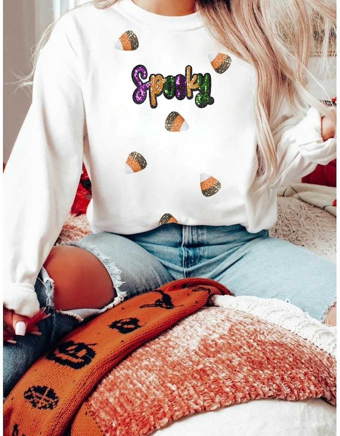 White Sequin Spooky Halloween Spirit Print Casual Sweatshirt, 7 of 6