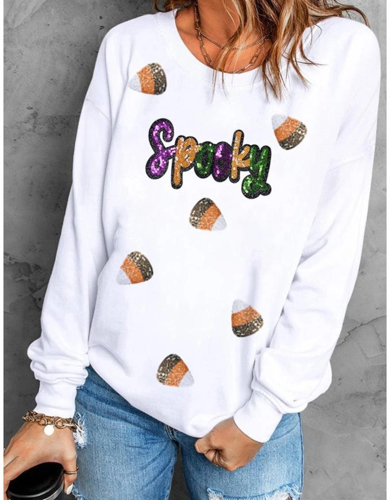 White Sequin Spooky Halloween Spirit Print Casual Sweatshirt