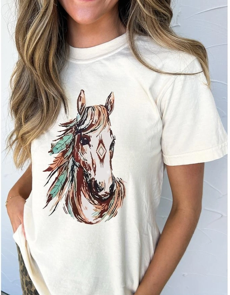 White Western Aztec Horse Graphic Crewneck Tee