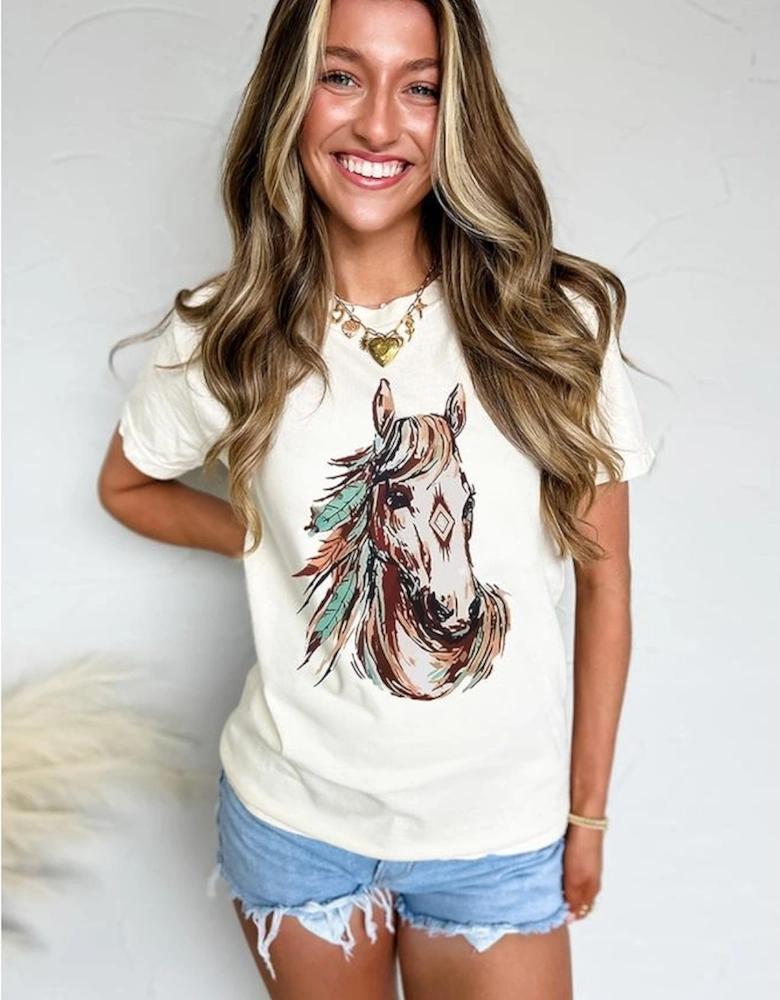 White Western Aztec Horse Graphic Crewneck Tee