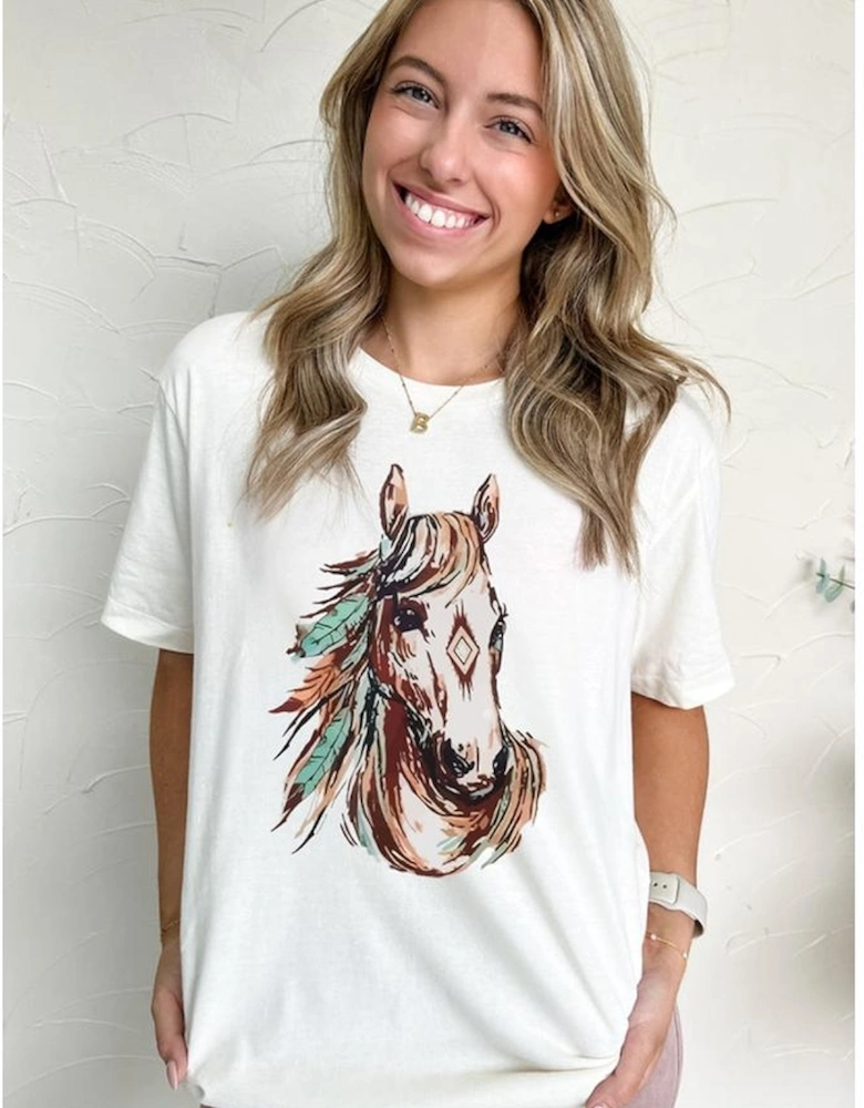 White Western Aztec Horse Graphic Crewneck Tee