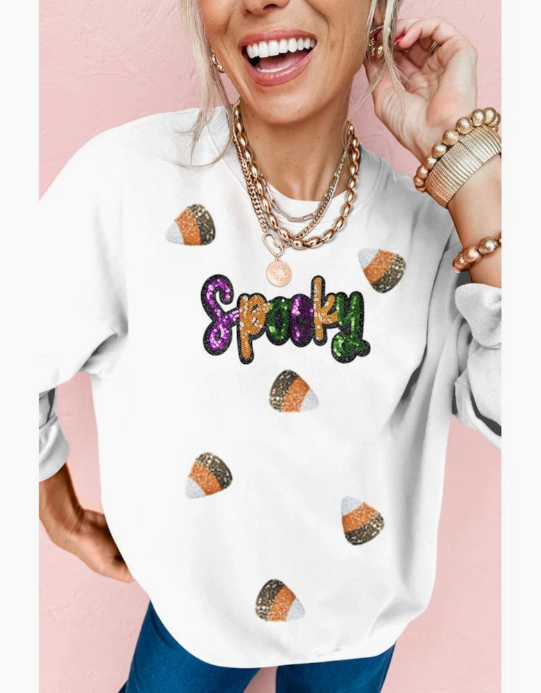 White Sequin Spooky Halloween Spirit Print Casual Sweatshirt