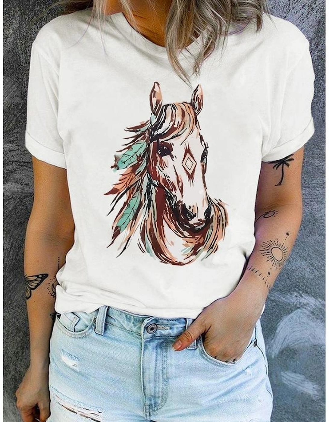White Western Aztec Horse Graphic Crewneck Tee
