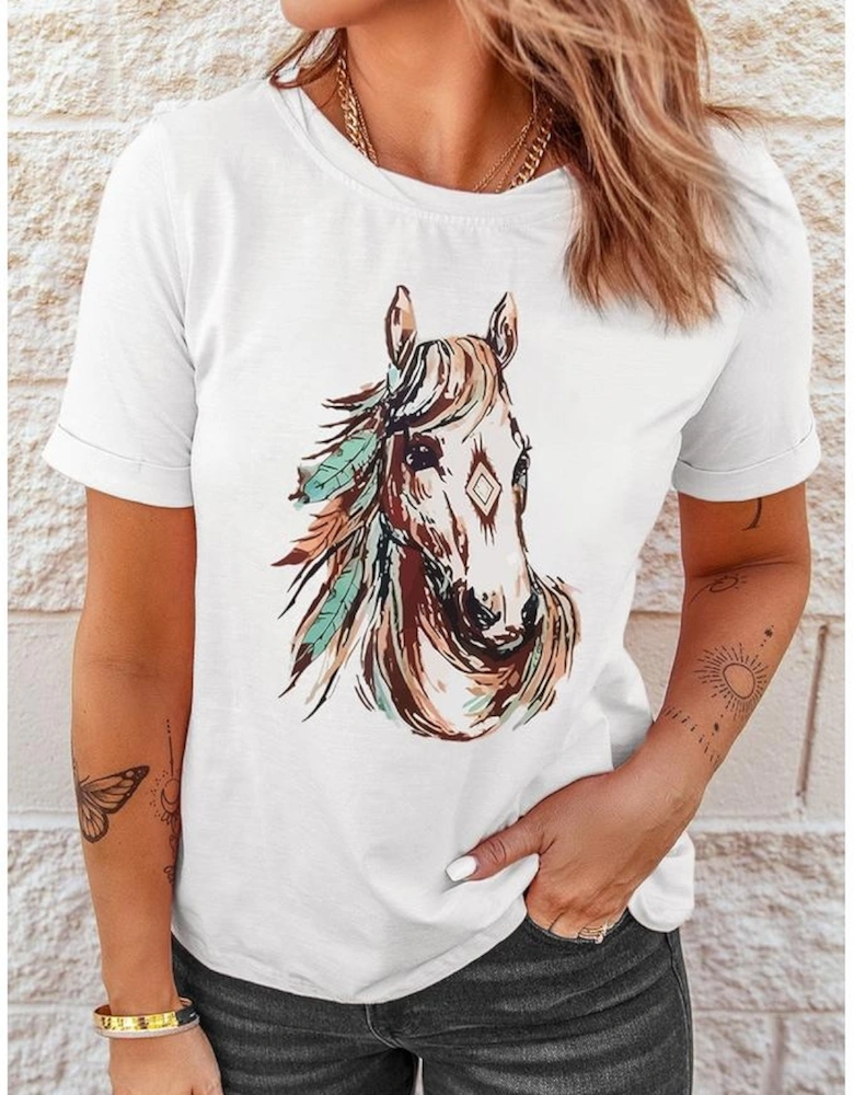 White Western Aztec Horse Graphic Crewneck Tee