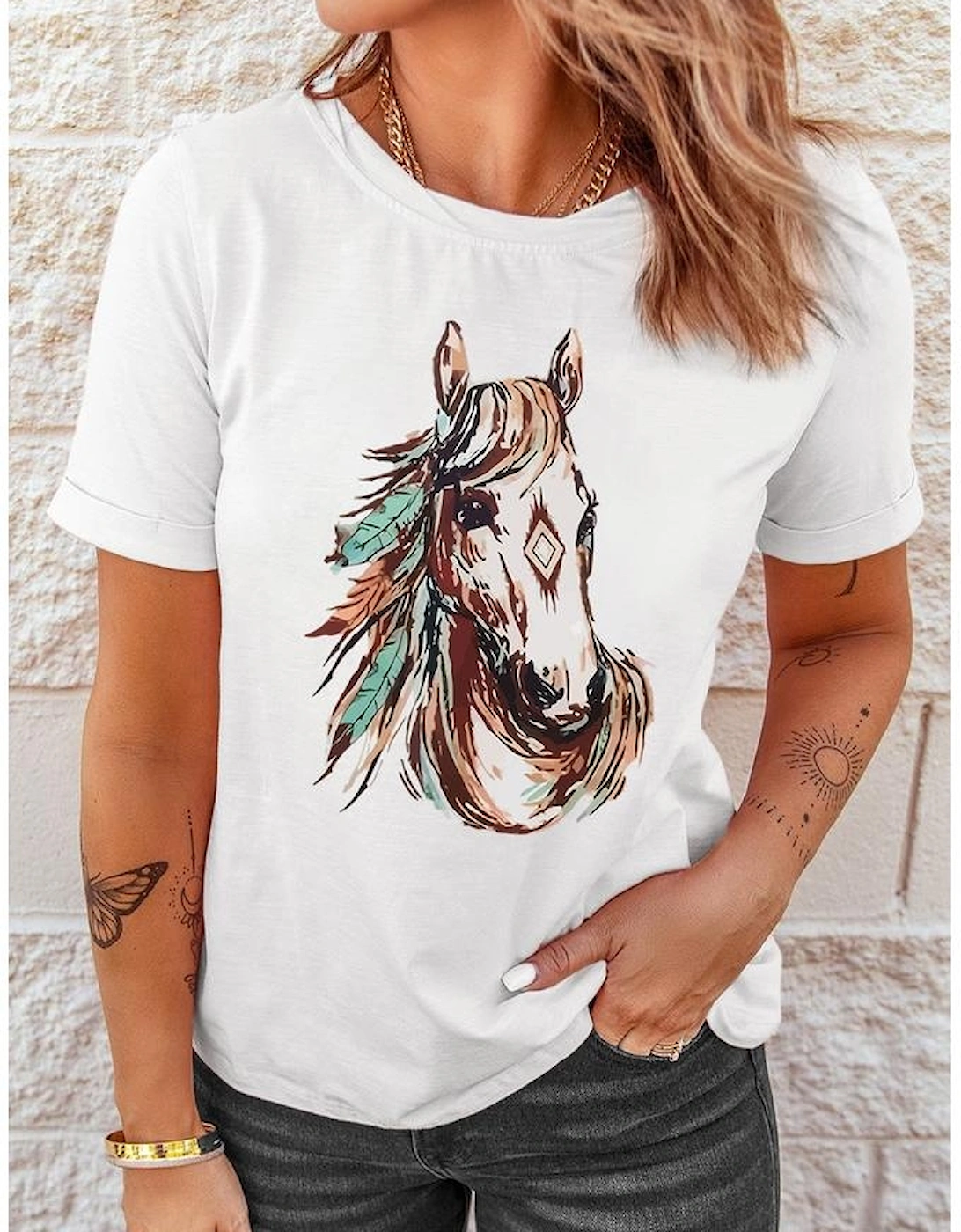 White Western Aztec Horse Graphic Crewneck Tee